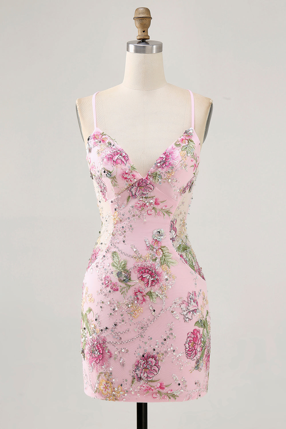 Sparkly Pink Beaded Floral Mini Tight Homecoming Dress with Sequins