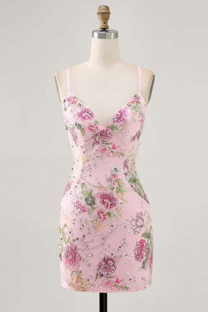 Sparkly Lilac Tight Beaded Floral Sequined Mini Homecoming Dress