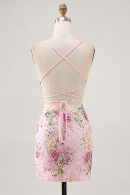 Sparkly Lilac Tight Beaded Floral Sequined Mini Homecoming Dress