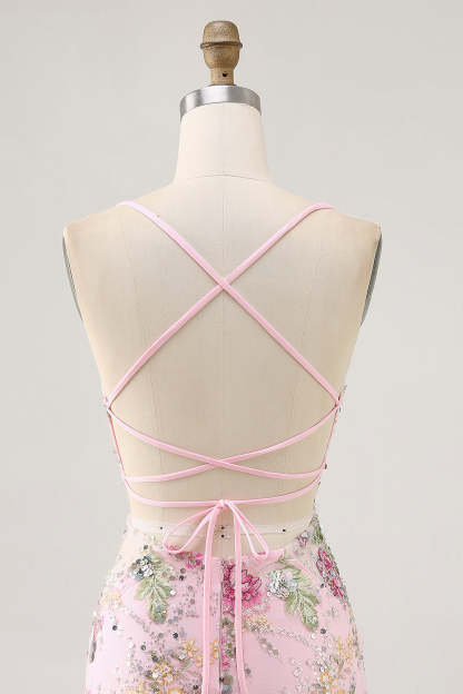 Sparkly Lilac Tight Beaded Floral Sequined Mini Homecoming Dress