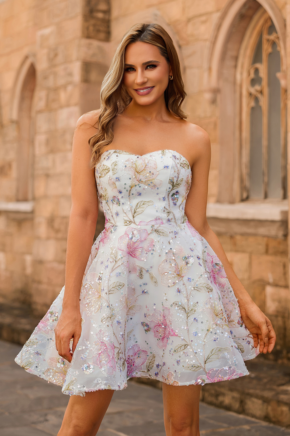 Sparkly Pink Floral Sweetheart A Line Short Sequined Homecoming Dress
