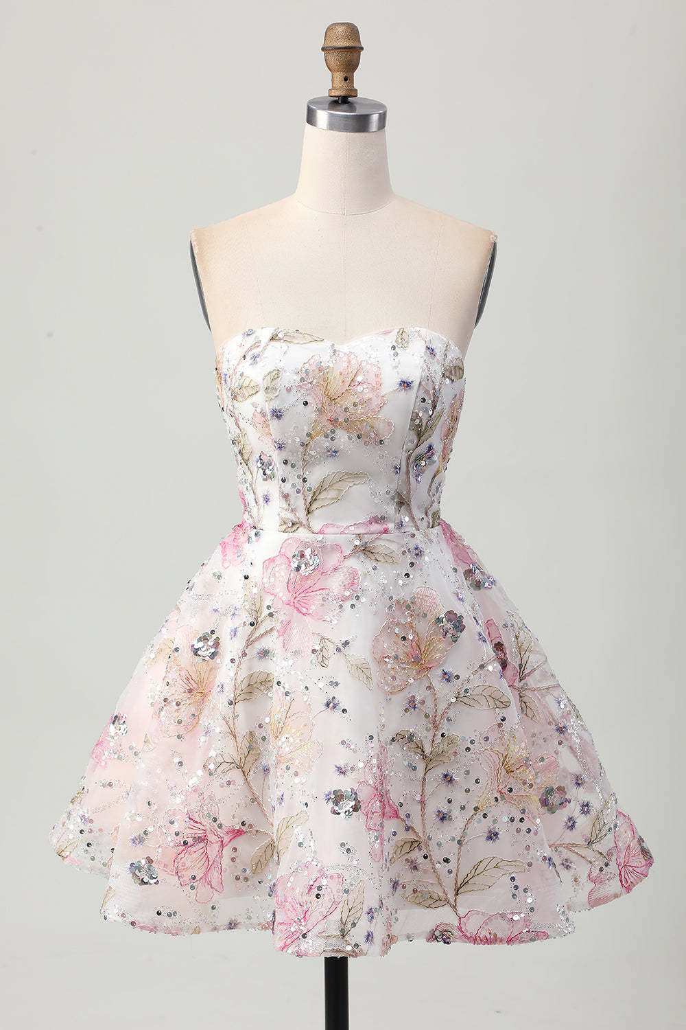 Sparkly Pink Floral Sweetheart A Line Short Sequined Homecoming Dress