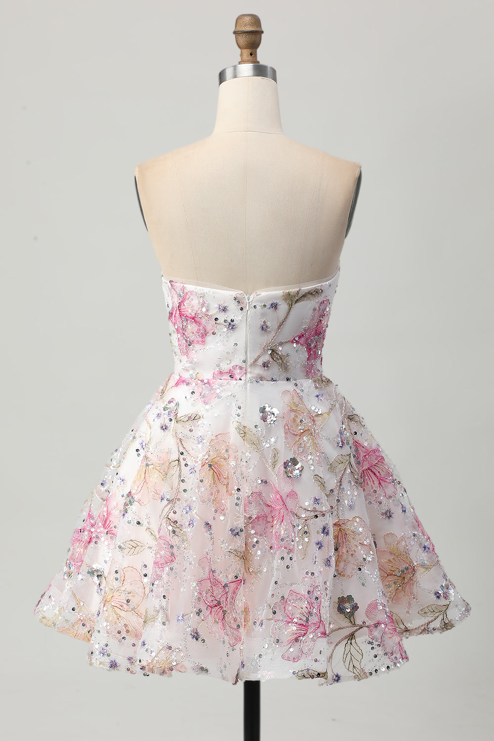Sparkly Pink Floral Sweetheart A Line Short Sequined Homecoming Dress
