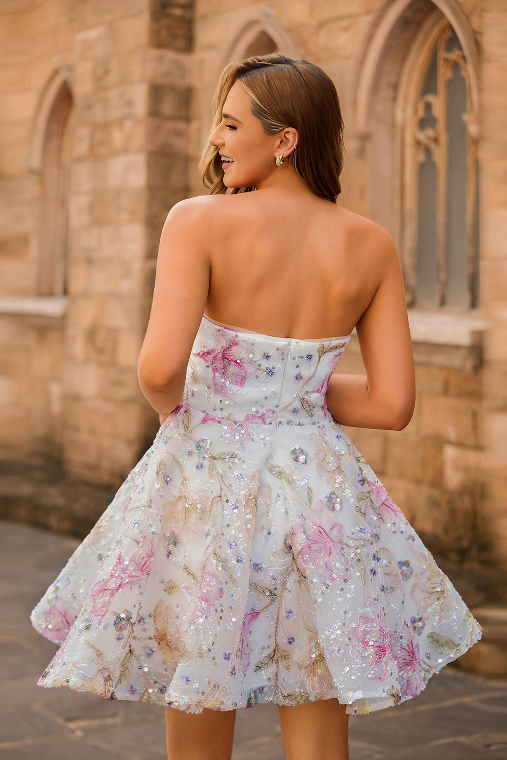 Sparkly Pink Floral Sweetheart A Line Short Sequined Homecoming Dress