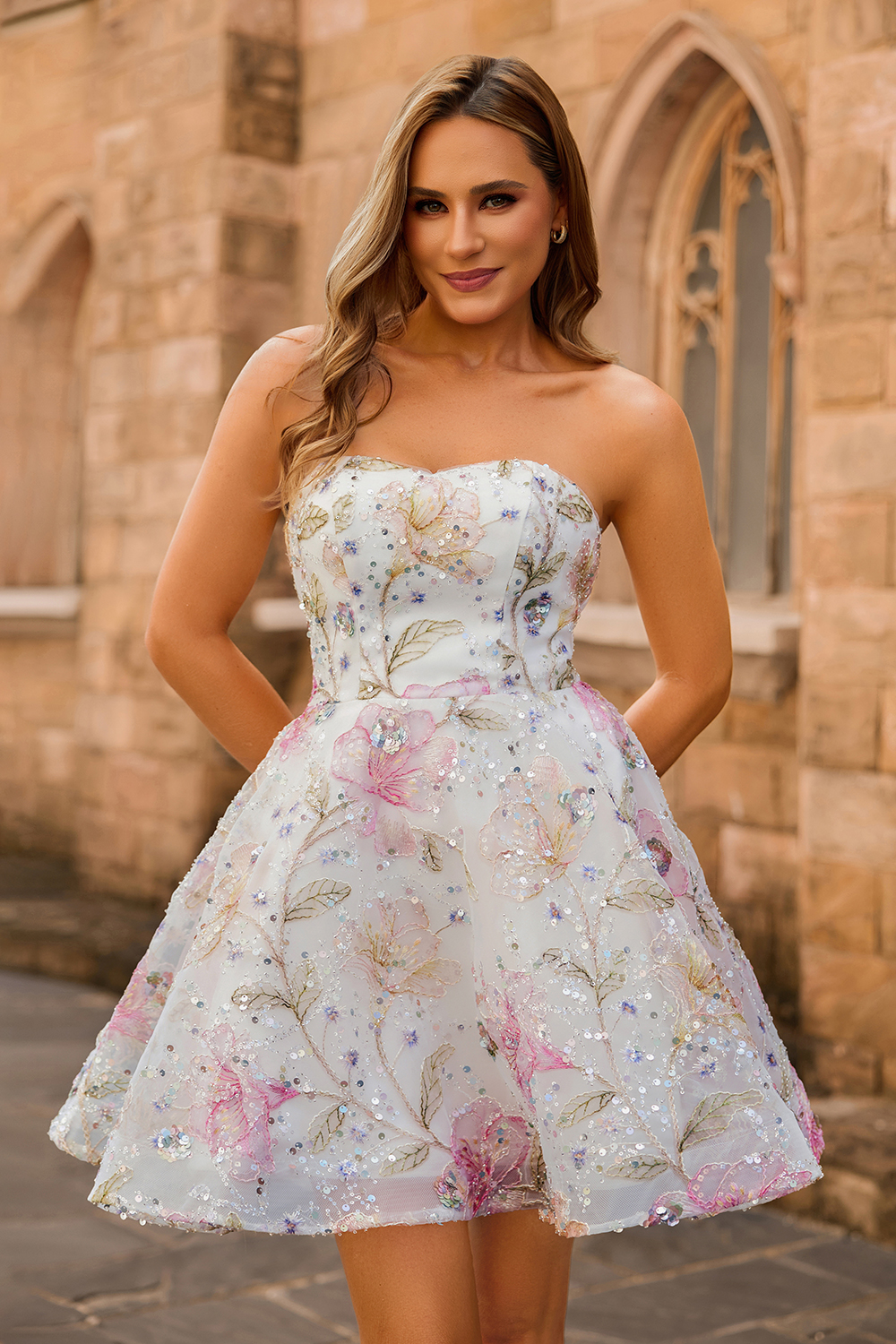 Sparkly Pink Floral Sweetheart A Line Short Sequined Homecoming Dress