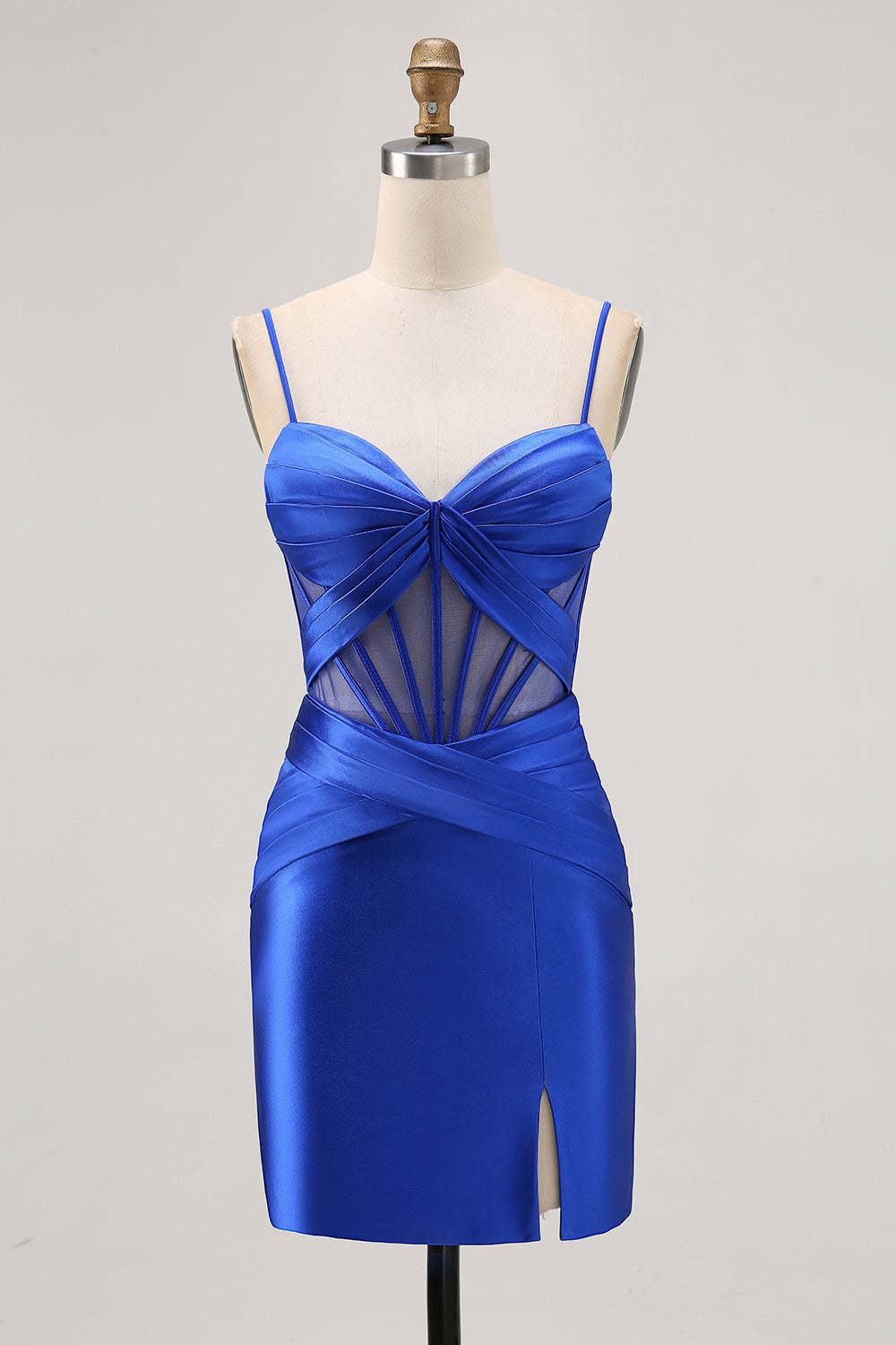 Leely Women Royal Blue Tight Corset Short Homecoming Dress Satin Ruched Spaghetti Straps Cocktail Dress with Slit