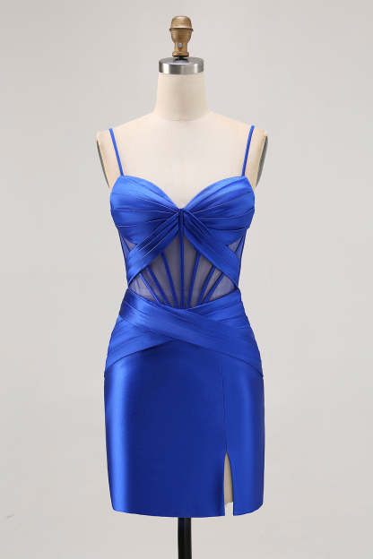 Leely Women Royal Blue Tight Corset Short Homecoming Dress Satin Ruched Spaghetti Straps Cocktail Dress with Slit