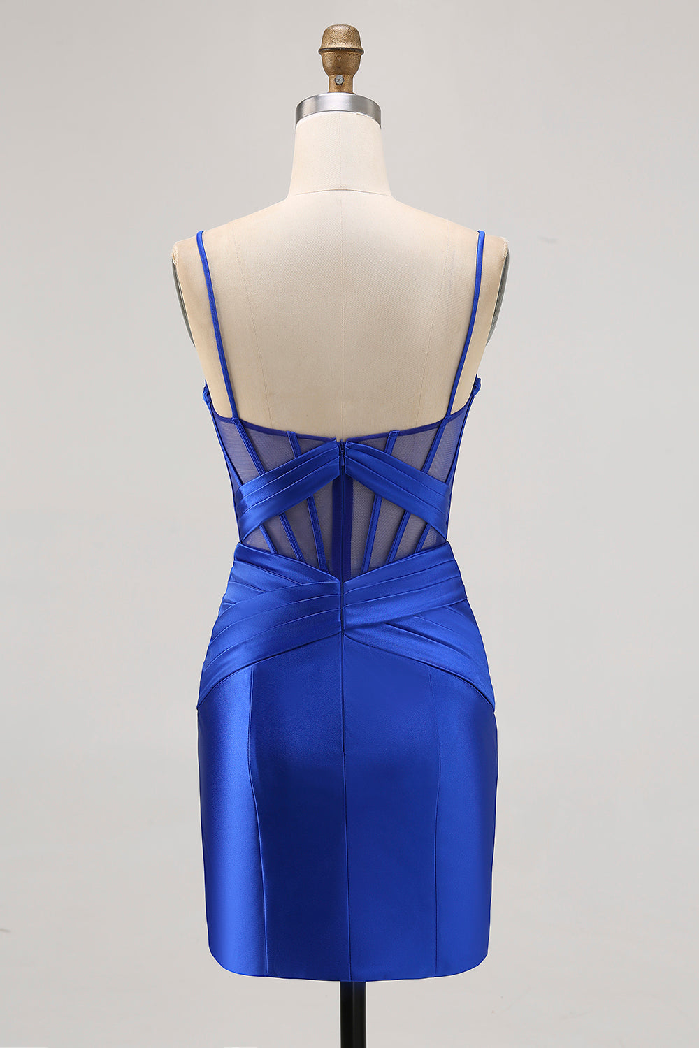 Satin Tight Royal Blue Ruched Corset Short Homecoming Dress with Slit
