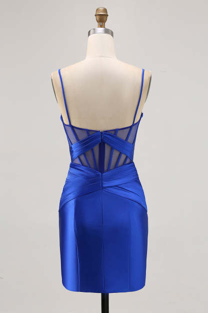 Satin Tight Royal Blue Ruched Corset Short Homecoming Dress with Slit
