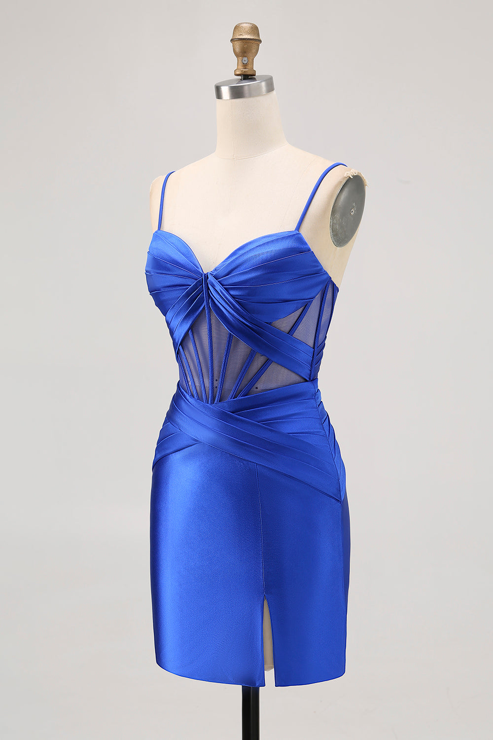 Satin Tight Royal Blue Ruched Corset Short Homecoming Dress with Slit