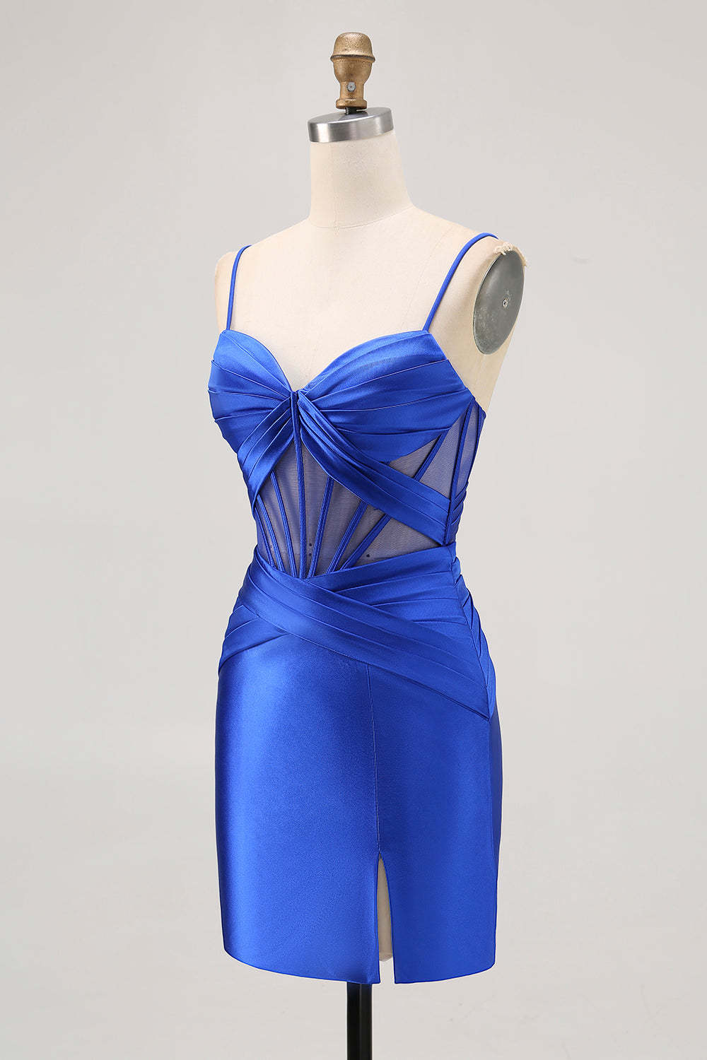 Satin Tight Royal Blue Ruched Corset Short Homecoming Dress with Slit