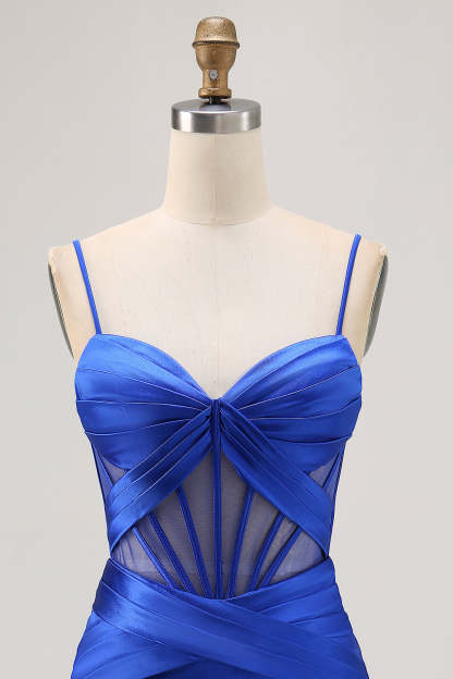 Satin Tight Royal Blue Ruched Corset Short Homecoming Dress with Slit