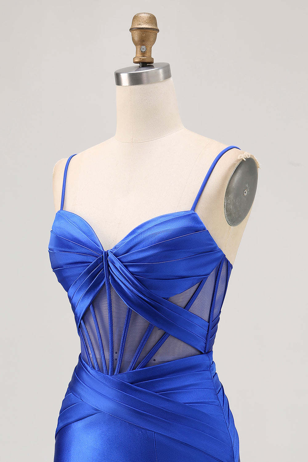Satin Tight Royal Blue Ruched Corset Short Homecoming Dress with Slit