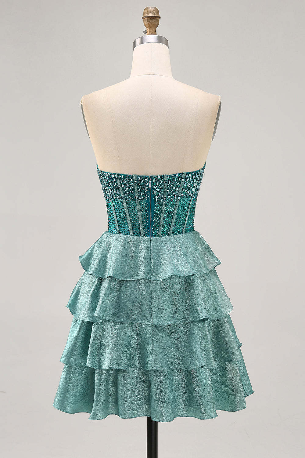 Sparkly Corset Peacock Green Strapless Tiered Short Homecoming Dress