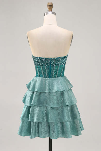 Sparkly Corset Peacock Green Strapless Tiered Short Homecoming Dress