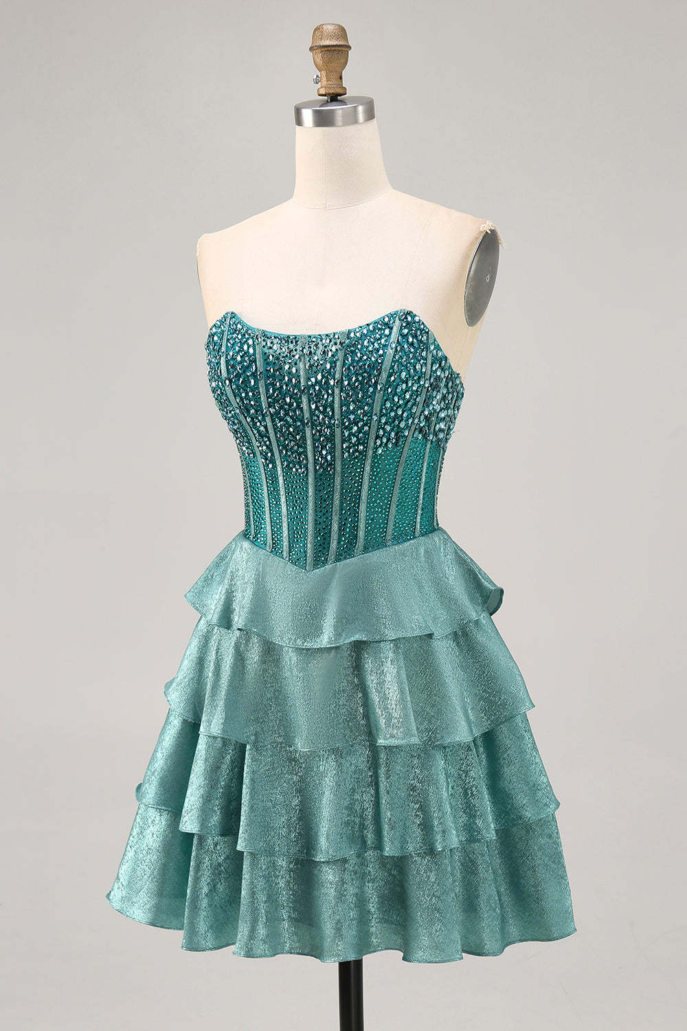 Sparkly Corset Peacock Green Strapless Tiered Short Homecoming Dress