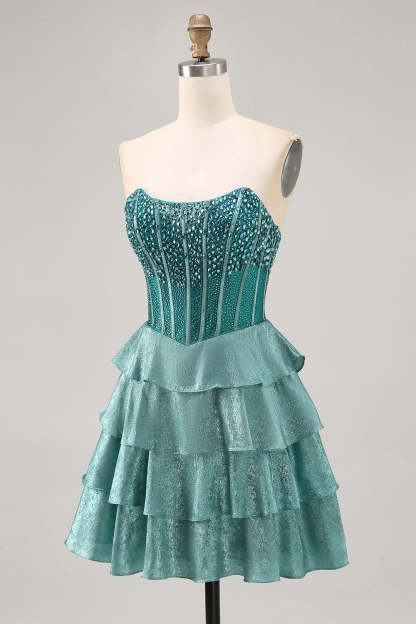 Sparkly Corset Peacock Green Strapless Tiered Short Homecoming Dress