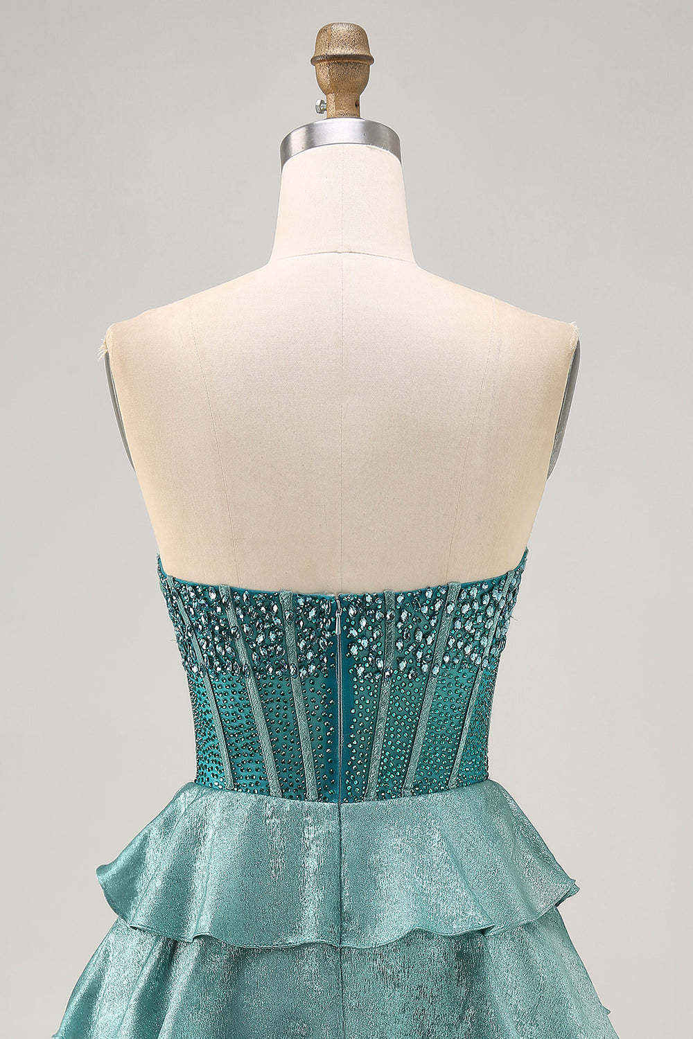 Sparkly Corset Peacock Green Strapless Tiered Short Homecoming Dress