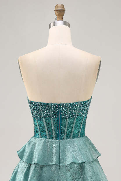 Sparkly Corset Peacock Green Strapless Tiered Short Homecoming Dress