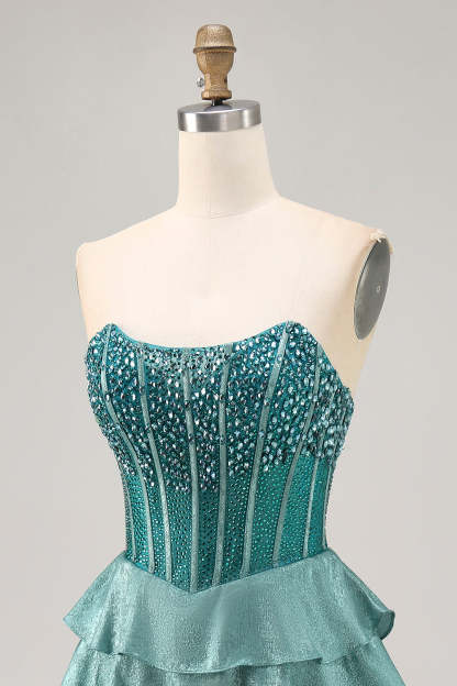 Sparkly Corset Peacock Green Strapless Tiered Short Homecoming Dress