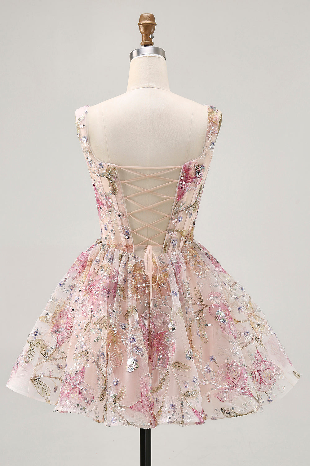 Sparkly Pink Floral Corset Sequins Short Homecoming Dress with Beading