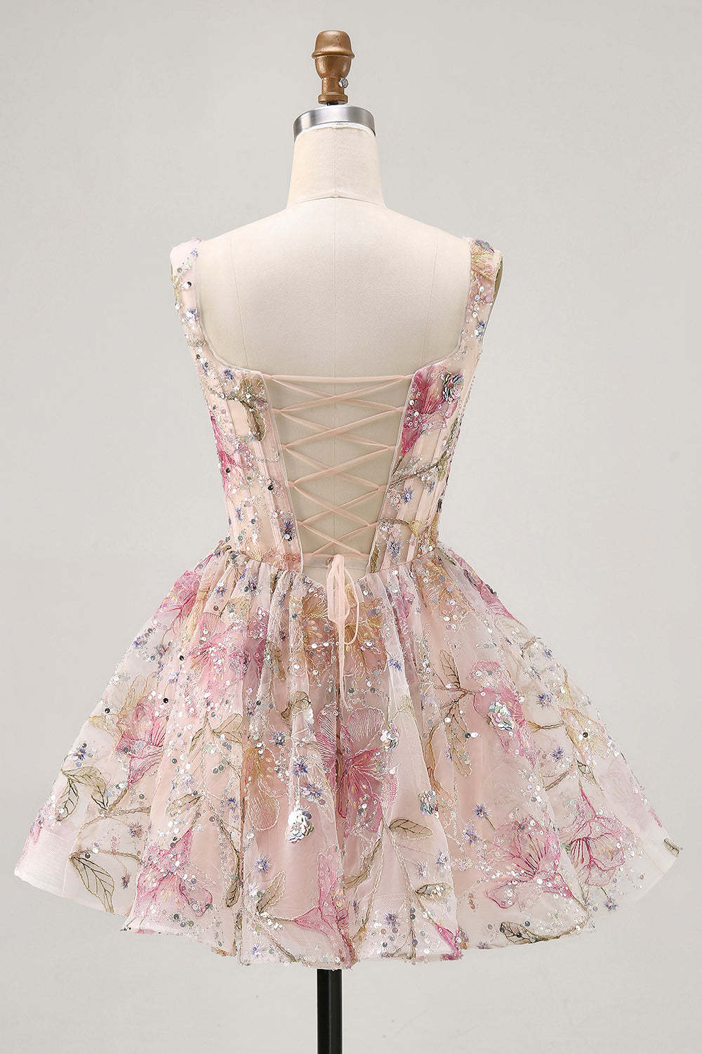 Sparkly Pink Floral Corset Sequins Short Homecoming Dress with Beading
