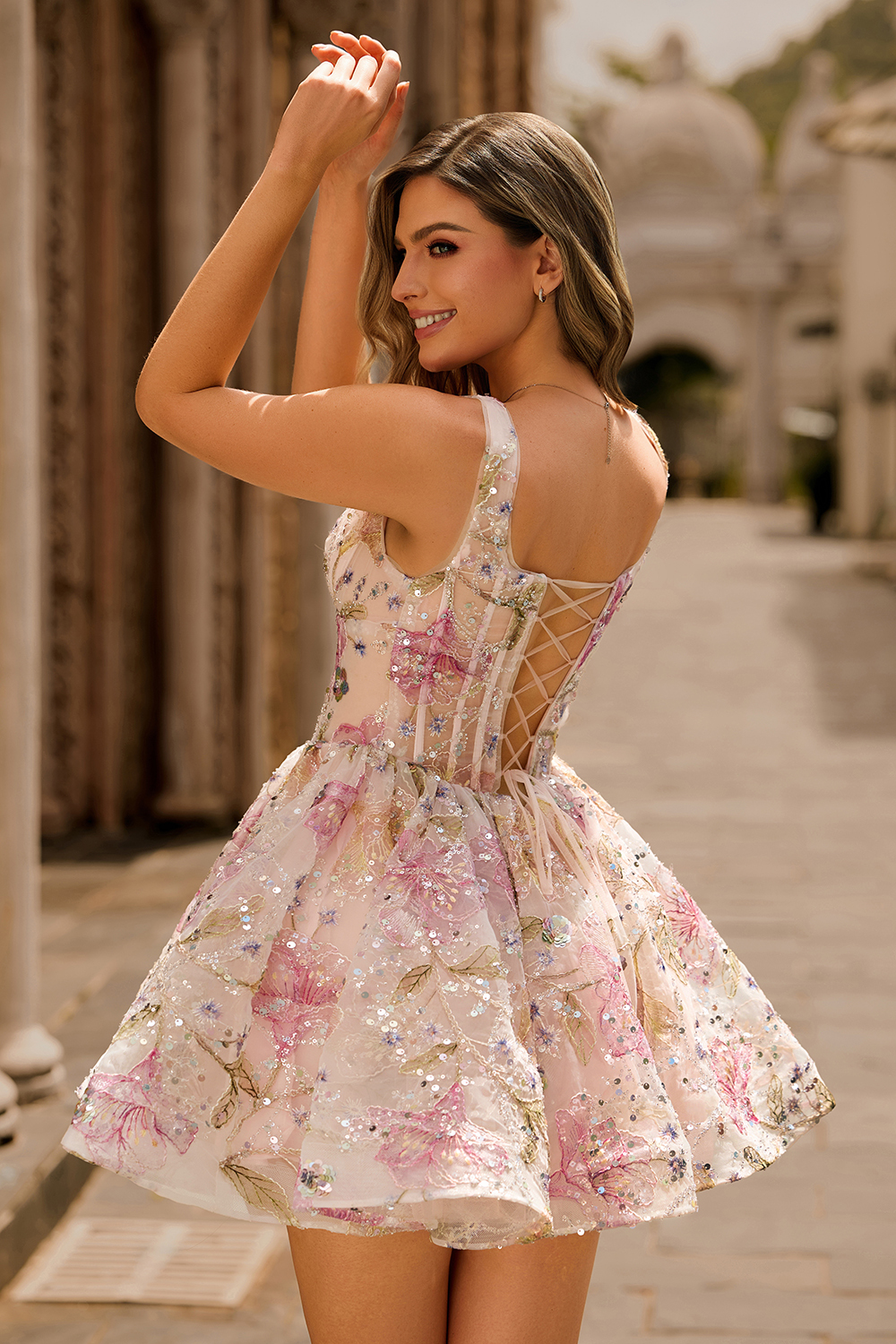 Sparkly Pink Floral Corset Sequins Short Homecoming Dress with Beading