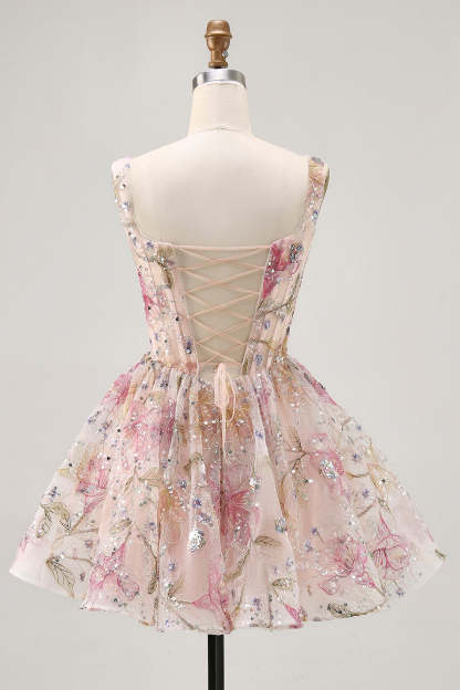 Sparkly Pink Floral Corset Sequins Short Homecoming Dress with Beading