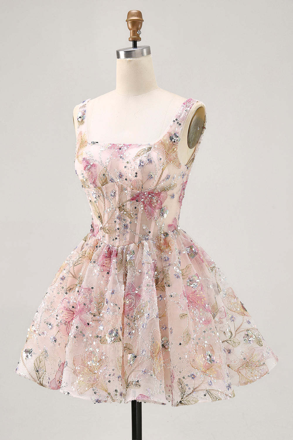 Sparkly Pink Floral Corset Sequins Short Homecoming Dress with Beading