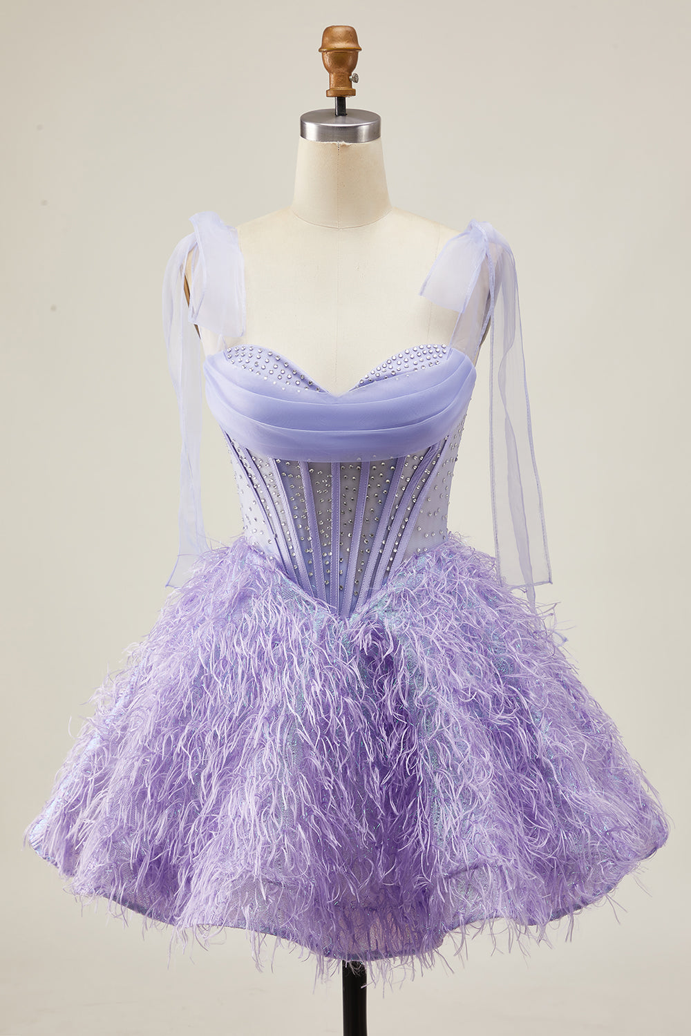 Lilac A Line Corset Short Sparkly Beaded Homecoming Dress with Feathers