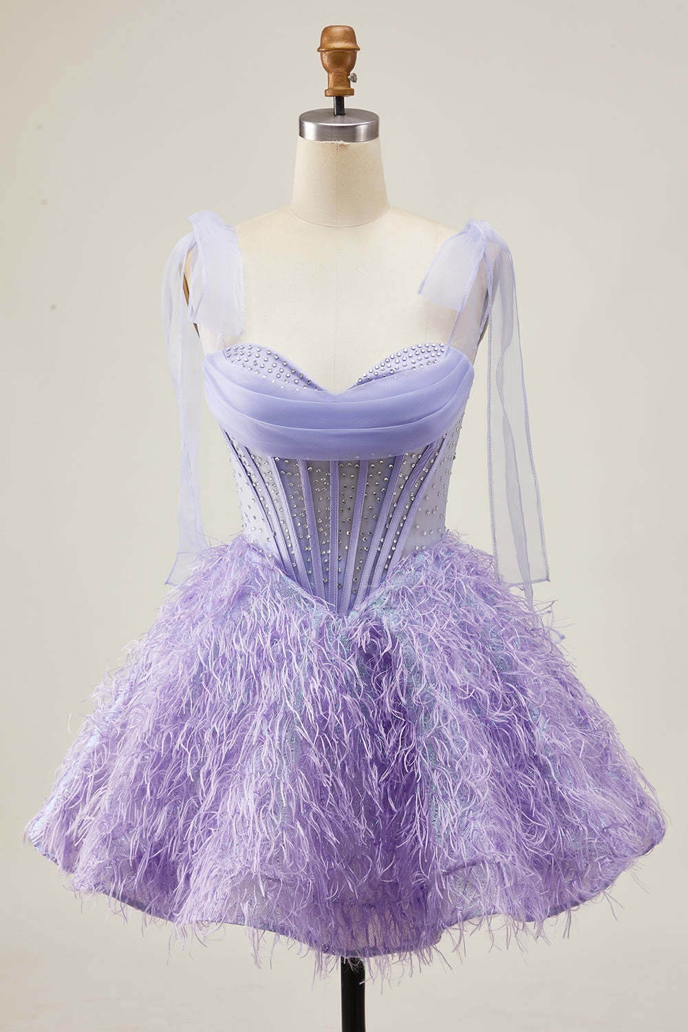 Leely Women Sparkly Lilac Beaded Corset Short Homecoming Dress with Feathers A Line Bow Lace Up Back Cocktail Dress