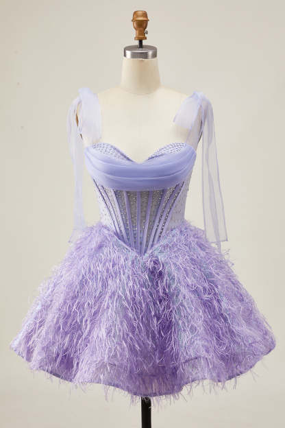 Leely Women Sparkly Lilac Beaded Corset Short Homecoming Dress with Feathers A Line Bow Lace Up Back Cocktail Dress