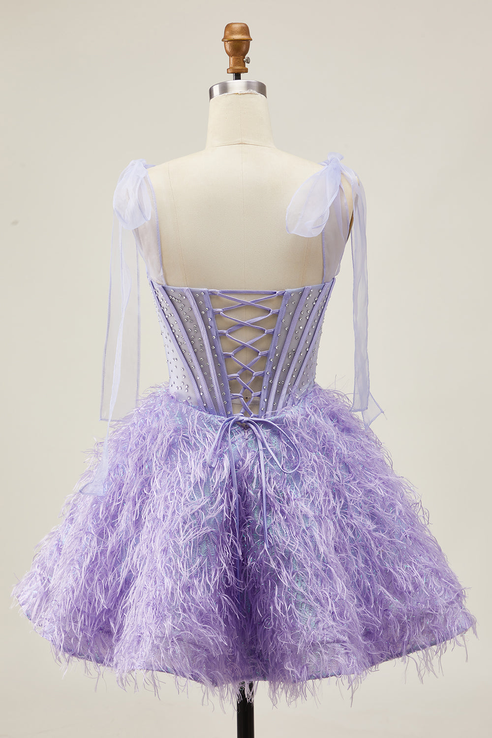 Lilac A Line Corset Short Sparkly Beaded Homecoming Dress with Feathers