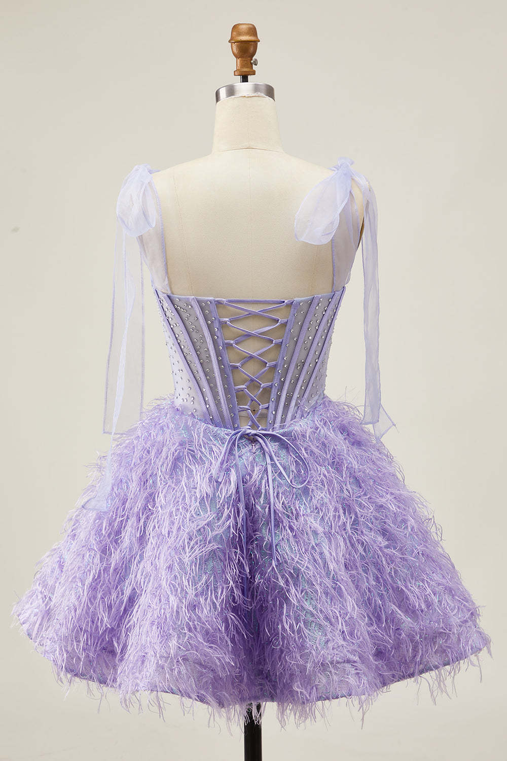 Lilac A Line Corset Short Sparkly Beaded Homecoming Dress with Feathers