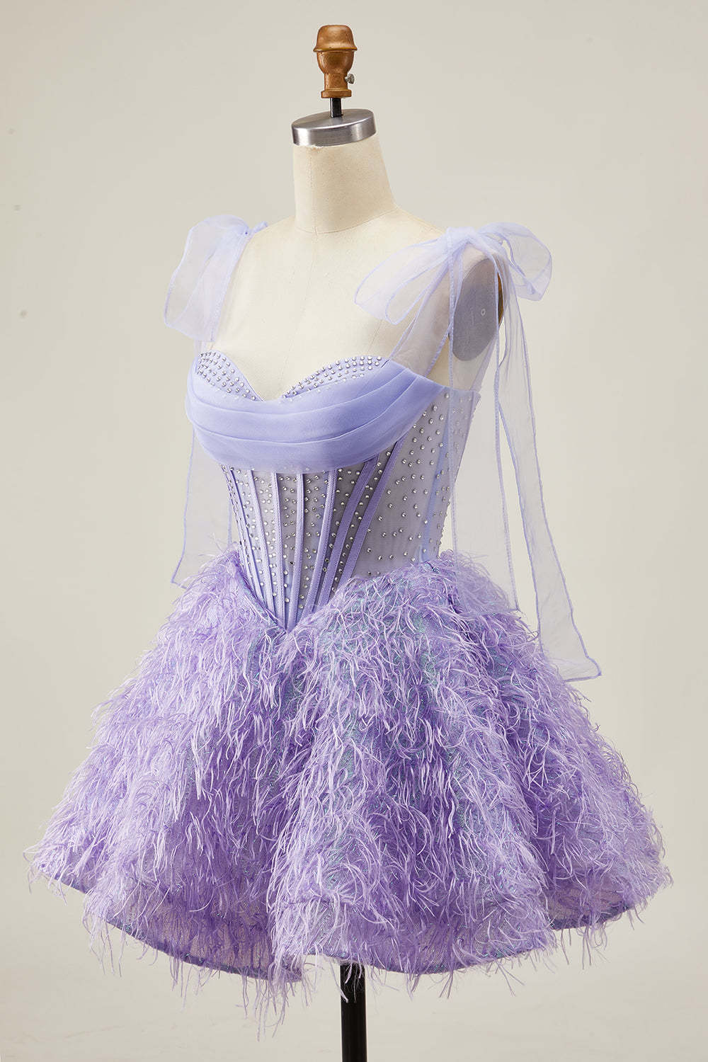 Lilac A Line Corset Short Sparkly Beaded Homecoming Dress with Feathers