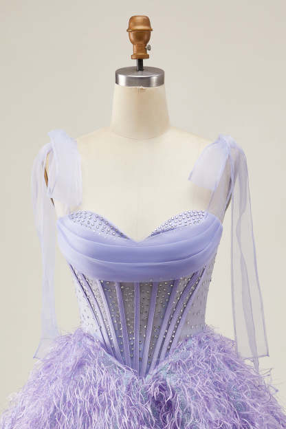 Lilac A Line Corset Short Sparkly Beaded Homecoming Dress with Feathers