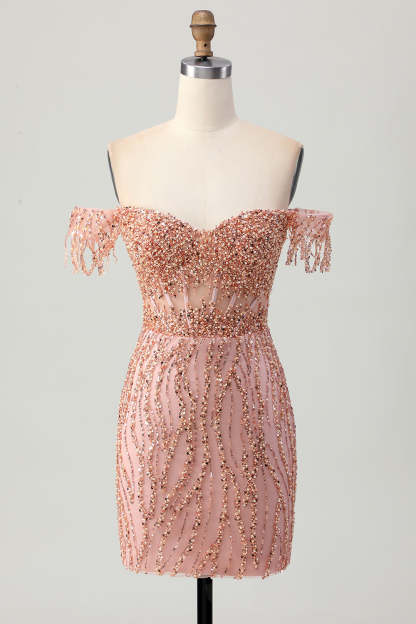 Sparkly Dusty Rose Corset Tight Beaded Short Homecoming Dress