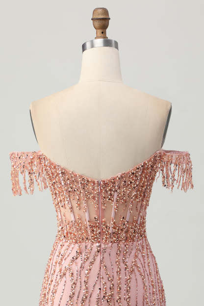 Sparkly Dusty Rose Corset Tight Beaded Short Homecoming Dress