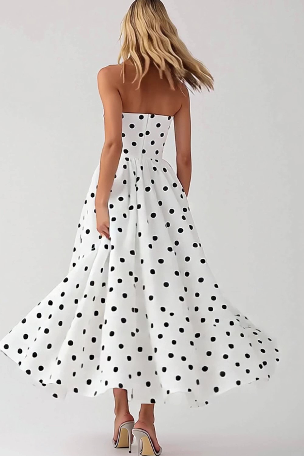 Black and White Satin Empire Strapless Boho Maxi Polka Dot Dress