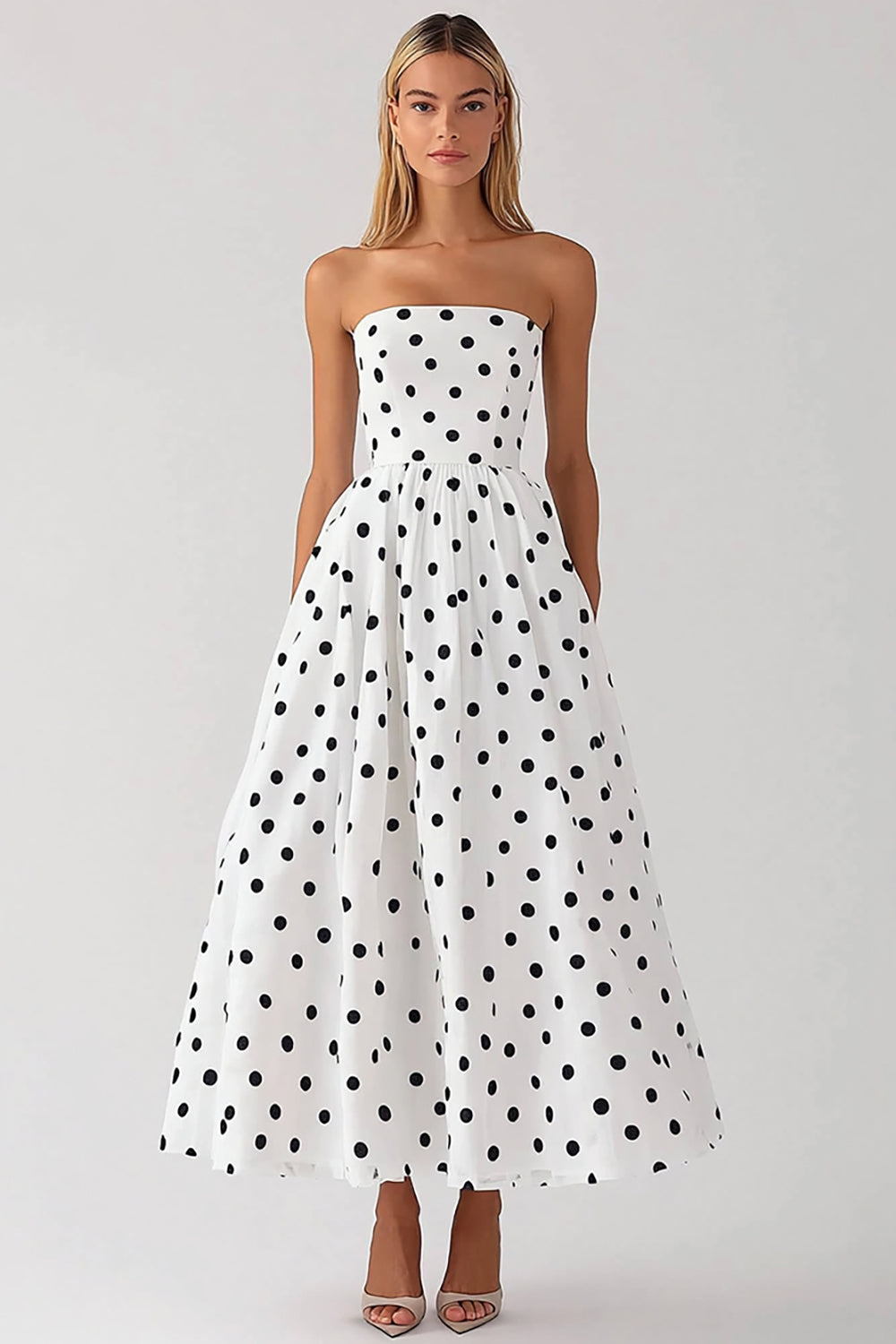 Black and White Satin Empire Strapless Boho Maxi Polka Dot Dress