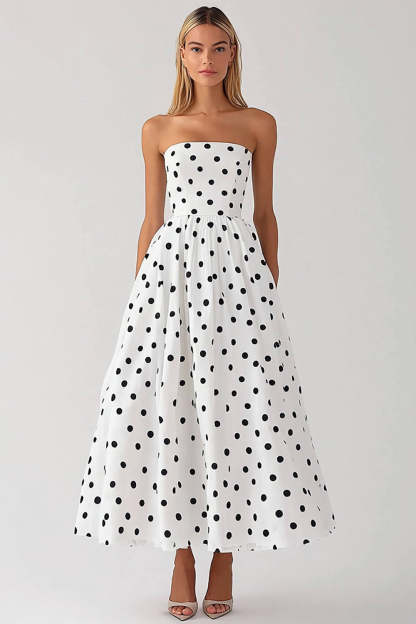 Leely Women Black and White Satin Strapless Maxi Polka Dot Dress Empire A Line Boho Summer Dress