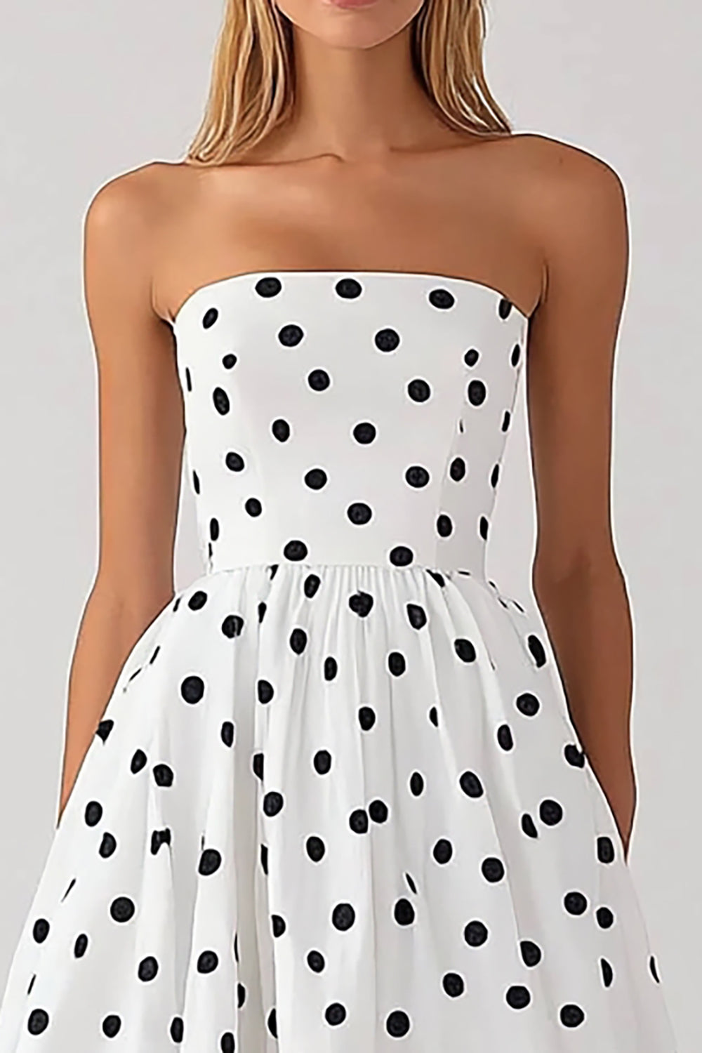 Black and White Satin Empire Strapless Boho Maxi Polka Dot Dress