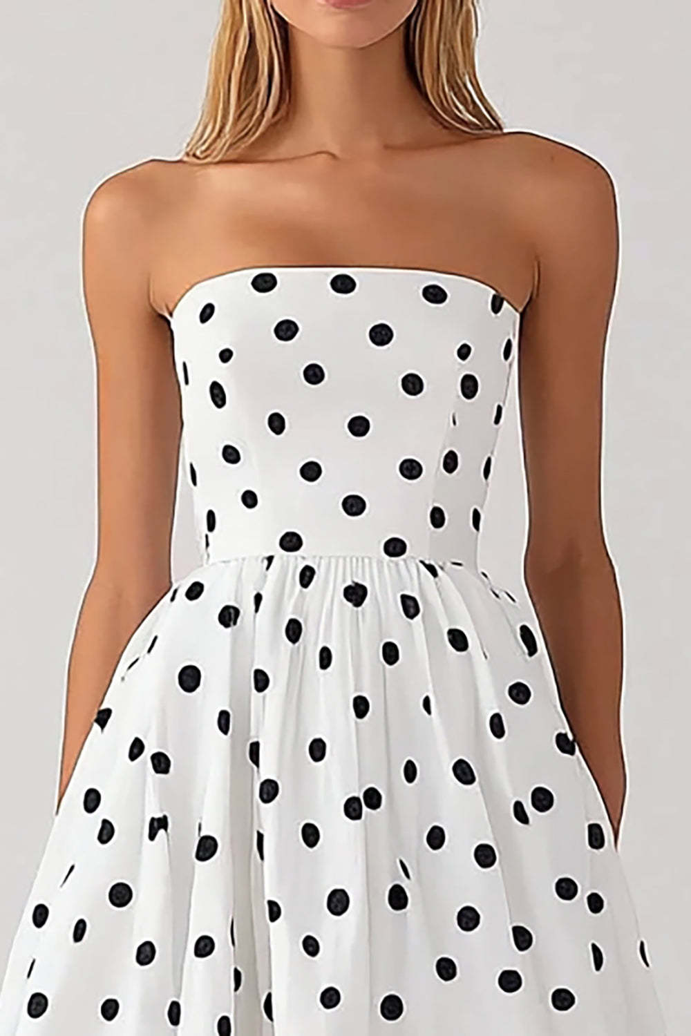 Black and White Satin Empire Strapless Boho Maxi Polka Dot Dress
