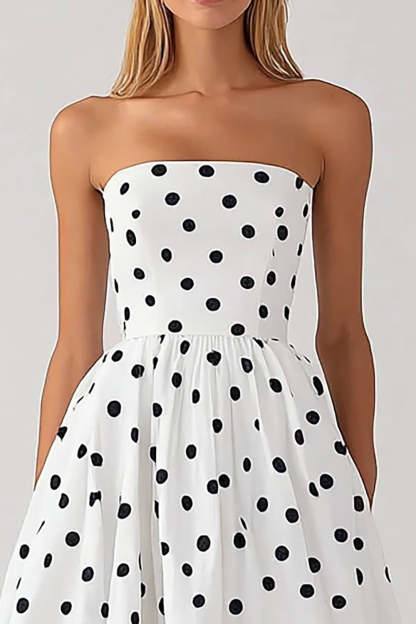 Black and White Satin Empire Strapless Boho Maxi Polka Dot Dress