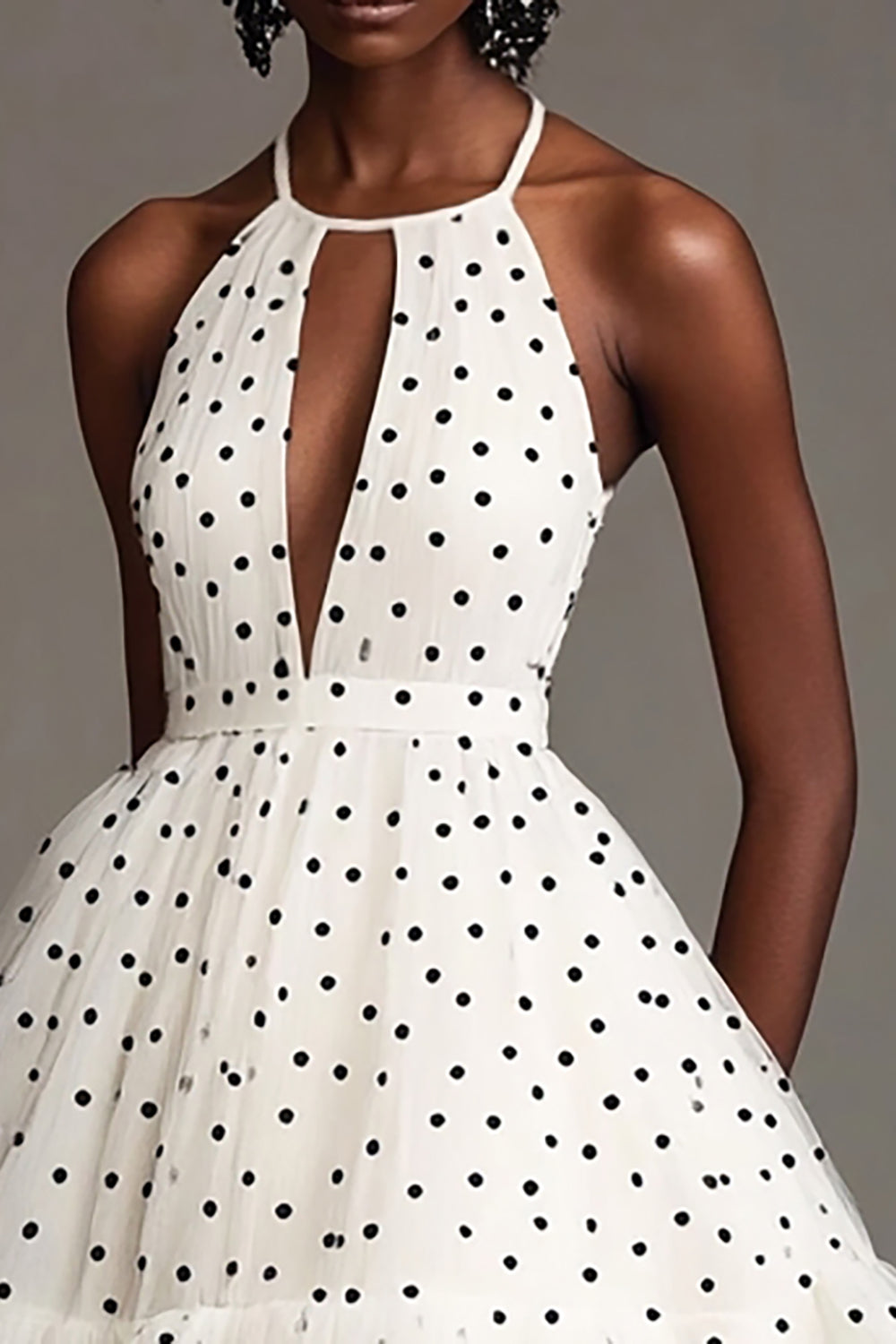 White and Black A Line Tiered Tulle Midi Polka Dot Dress with Ruffles