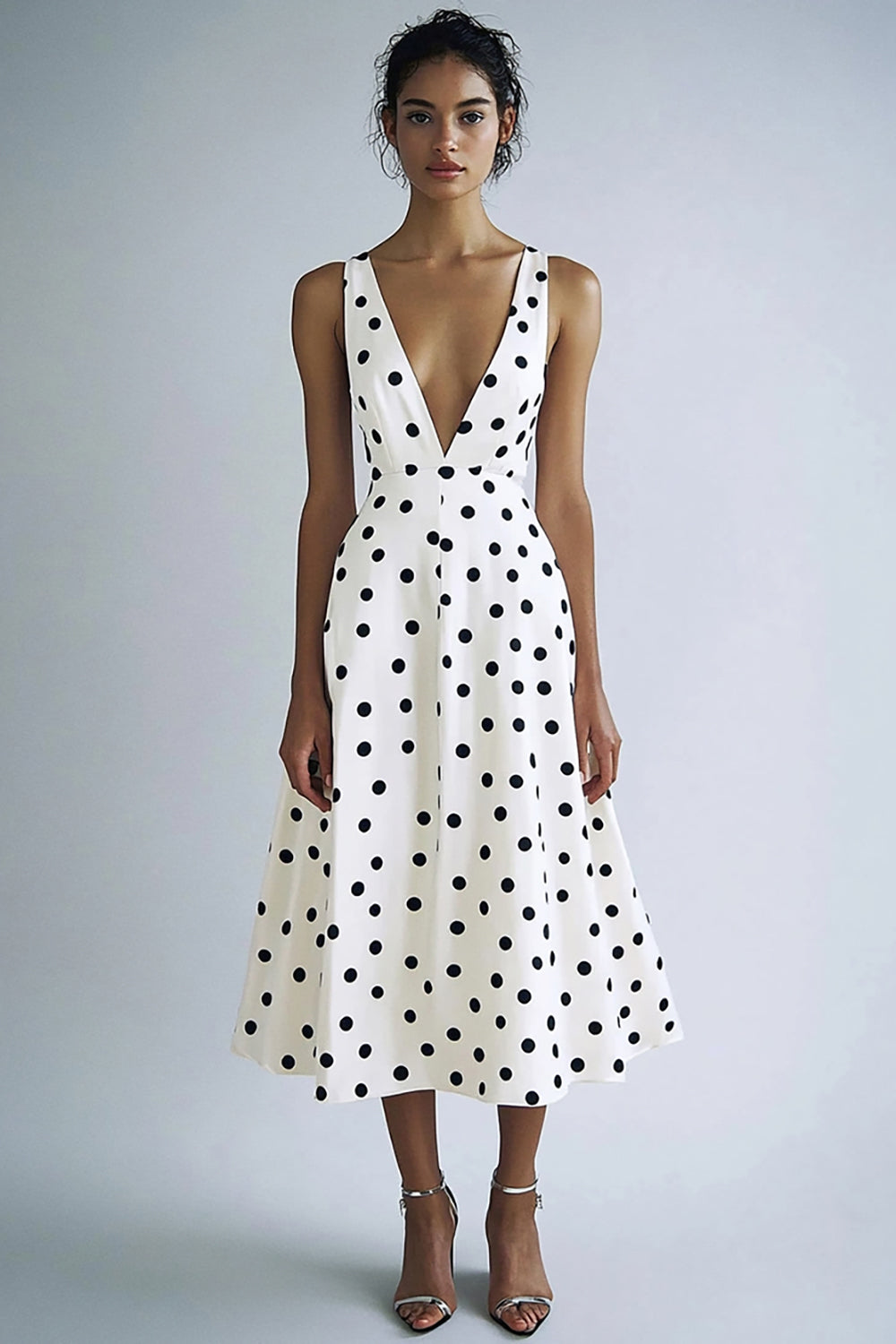 Satin Black and White A Line Deep V-Neck Boho Maxi Polka Dot Dress