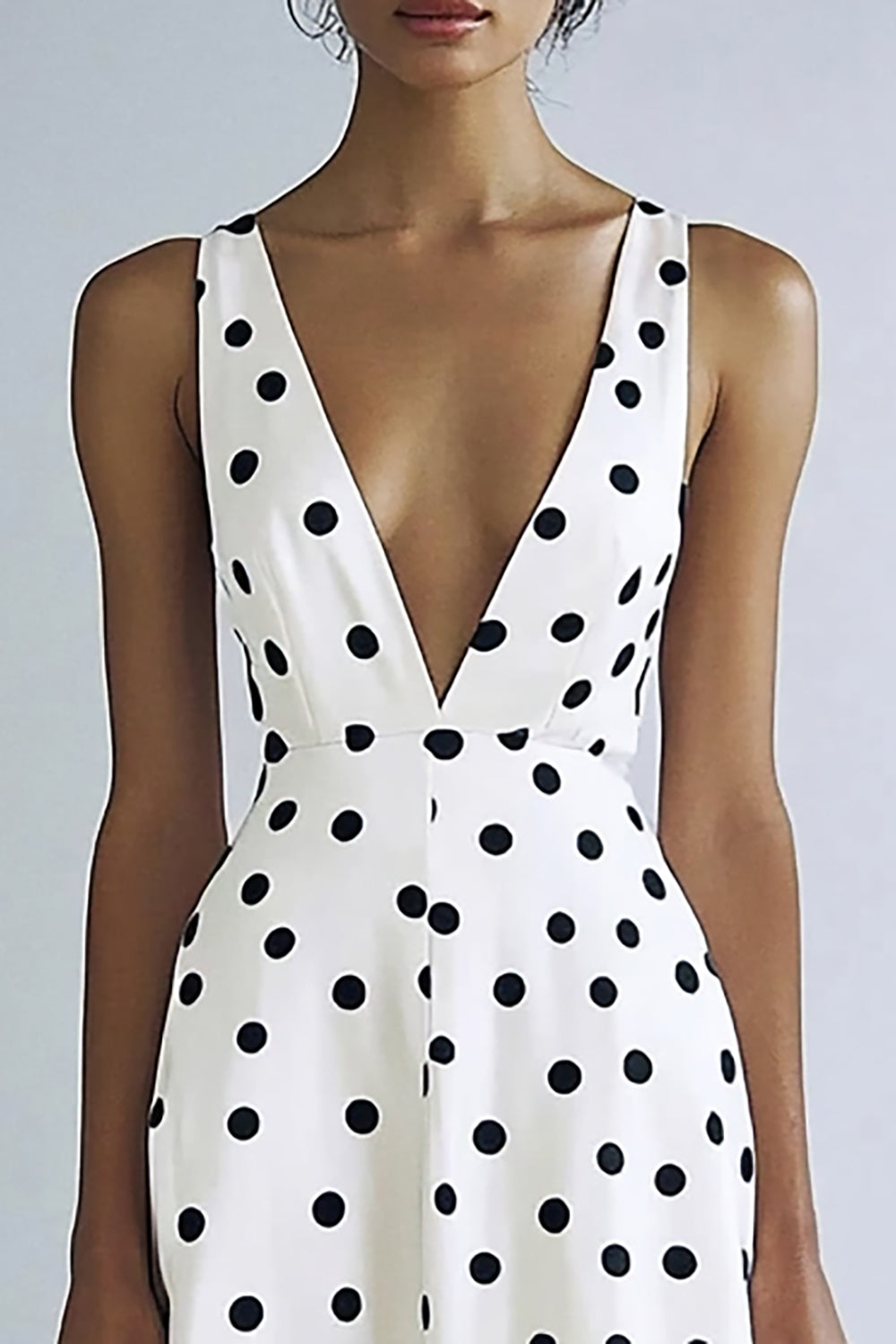 Satin Black and White A Line Deep V-Neck Boho Maxi Polka Dot Dress