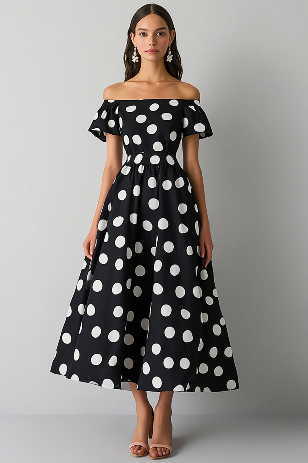 Boho Satin A Line Off the Shoulder Black and White Maxi Polka Dot Dress