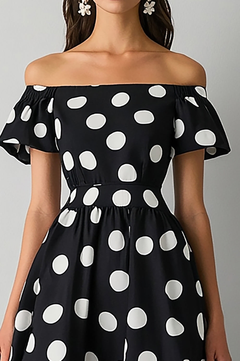Boho Satin A Line Off the Shoulder Black and White Maxi Polka Dot Dress