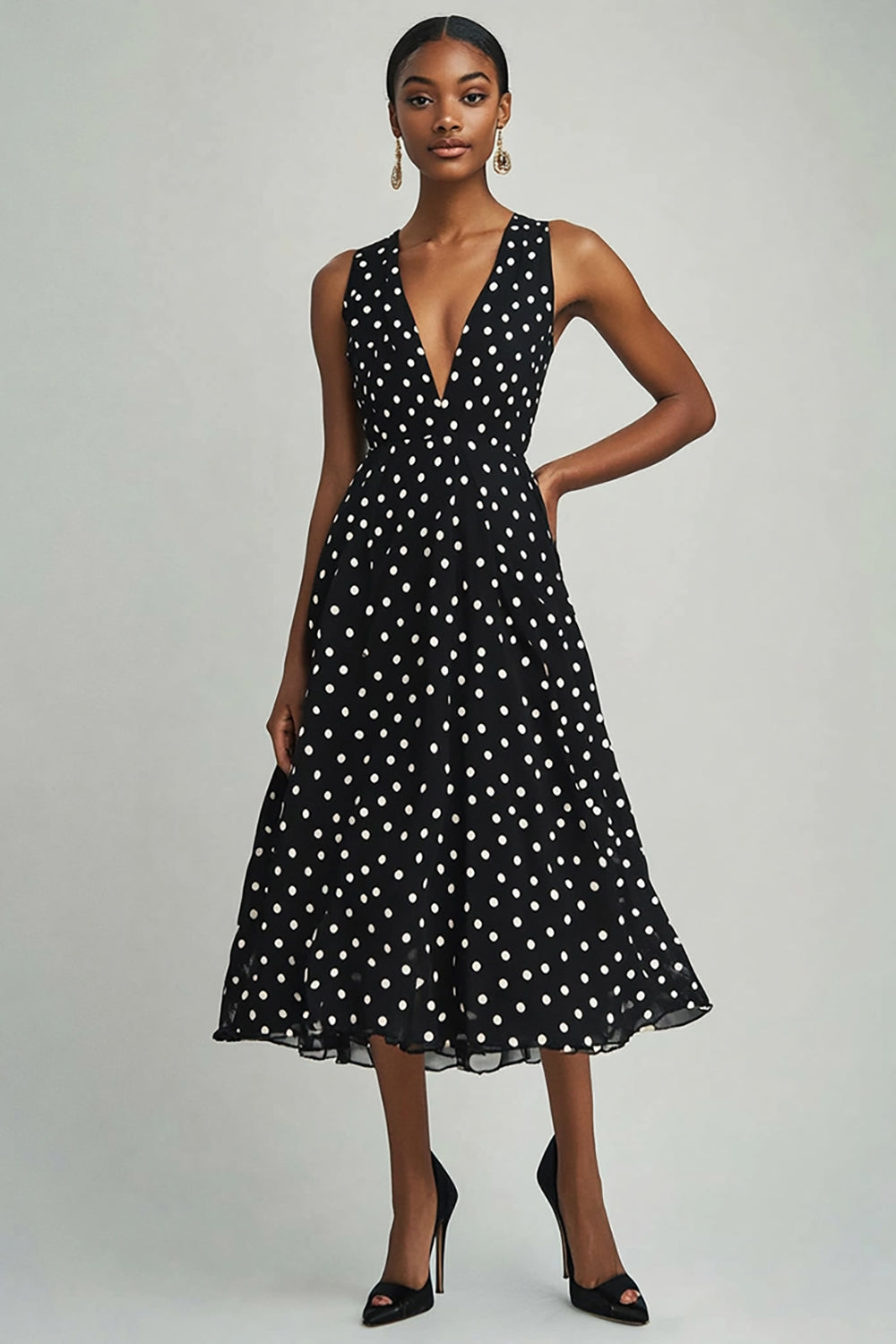 Chiffon Deep V-Neck Black and White A Line Boho Maxi Polka Dot Dress